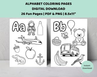 Kleurplaten Alfabet | 26 afdrukbare alfabetwerkbladen voor kinderen | Voorschoolse en kleuterschool leren | Thuisschoolactiviteiten