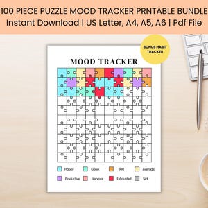 May include: A printable 100 piece puzzle mood tracker document featuring a grid of puzzle pieces. The top section shows colored pieces representing moods like happy, good, sad, average, productive, nervous, exhausted, and sick. Includes a bonus habit tracker.