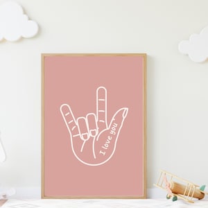 I Love You ASL Poster | American Sign Language Wall Art | Hand Signal | Pink Boho Printable Decor | Nursery Romantic Art | Instant Download