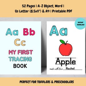 May include: Two printable educational pages. One features the letters Aa, Bb, and Cc with the text "MY FIRST TRACING BOOK". The other page shows the letter Aa and a red apple with the word "Apple".
