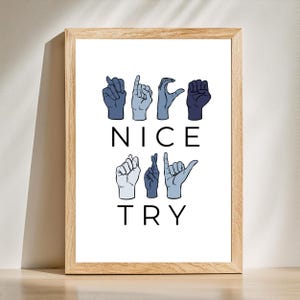 May include: A framed print with the words "NICE TRY" spelled out in American Sign Language. The hands are depicted in shades of blue against a white background. The frame is made of light-colored wood.