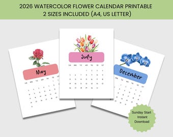 2026 Watercolor Flower Calendar – Printable Botanical Wall Art (PDF)
