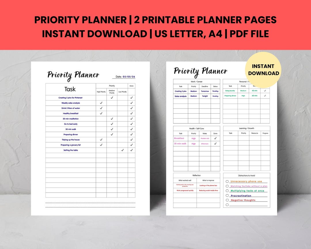 Priority Planner Printable, Daily Productivity Task Organizer (PDF ...