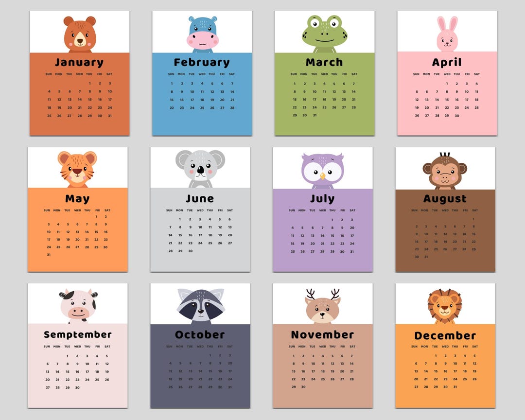 Printable Calendar 2026 Kids, Cute Animal Faces Monthly Calendar ...