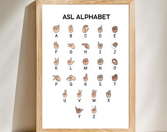 May include: A framed print displaying the ASL alphabet. The print features illustrations of hand gestures for each letter, with the letters A through Z arranged in a grid. The title "ASL ALPHABET" is at the top in bold, black letters. The frame is made of light-colored wood.