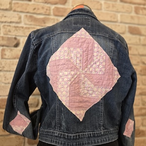 Denim Jacket with Vintage Quilted Blocks- Size L