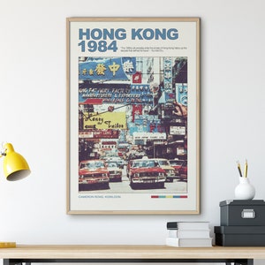 Wydrukowana sztuka ścienna w stylu retro z Hongkongu, dekoracja mieszkania, chińska sztuka ścienna, plakat podróżniczy z Hongkongu, estetyka wystroju pokoju, modna sztuka ścienna