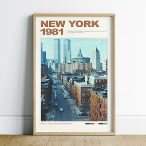 Wydrukowalna nowojorska sztuka ścienna Dekoracja mieszkania, Panorama Manhattanu, Plakat podróżniczy do Nowego Jorku, Sztuka ścienna retro, Wydruk Twin Towers, Sztuka wózka barowego