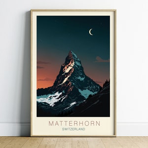 Matterhorn Wydrukowany plakat podróżniczy Wystrój apartamentu, Estetyczna neutralna sztuka ścienna do wystroju pokoju, Podróże Matterhorn, Sztuka wózka barowego, Prezent dla niego