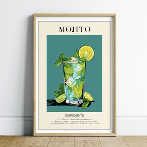 Bar Cart imprime decoración de apartamentos, arte de pared de cócteles, arte de carrito de bar, cartel de cóctel Mojito, arte de pared minimalista, arte de pared de cocina