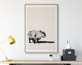 Art mural rétro imprimable Capybara, décoration d'appartement cadeau Capybara, art mural tendance noir et blanc, art de chariot de bar, décoration de ferme Cottagecore
