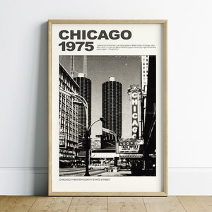 Wydrukowalna sztuka ścienna Chicago Retro Dekoracja mieszkania, plakat podróżniczy Chicago, czarno-biały barek, estetyczna dekoracja pokoju, modna sztuka ścienna