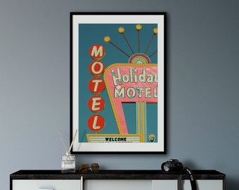 Sztuka ścienna retro, wydruk sztuki ściennej w stylu vintage motelu, rustykalna dekoracja ścienna do domu, wydruk znaku drogowego w stylu vintage, plakat ze znakiem drogowym retro