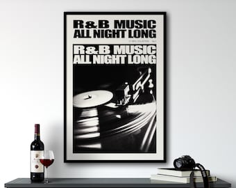 Retro väggkonst R&B-musikälskare present, vinylskivkonst, retro svartvit väggkonsttryck, musikaffisch,