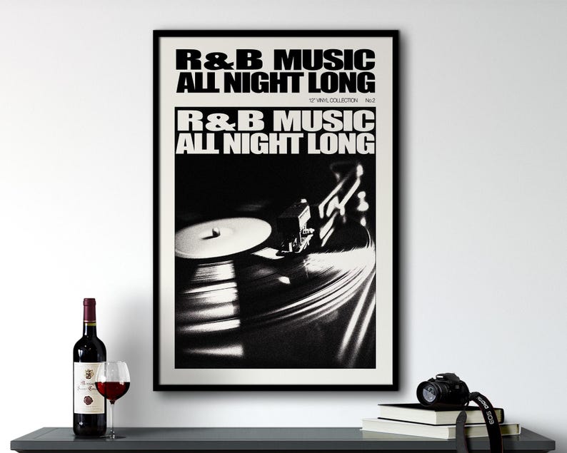May include: Black and white poster with the text "R&B Music All Night Long" and a photo of a record player with a vinyl record on it.