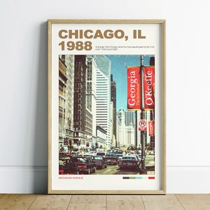 Wydrukowalna sztuka ścienna Chicago Dekoracja mieszkania, sztuka na wózek barowy, modna sztuka ścienna, sztuka ścienna retro, plakat podróżniczy Chicago do pobrania w wersji cyfrowej