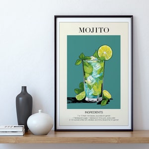 Printable Bar Cart Prints, Cocktail Wall Art Apartment Decor, Bar Cart Art, Mojito Cocktail Poster, Minimalist Wall Art, Kitchen Wall Art