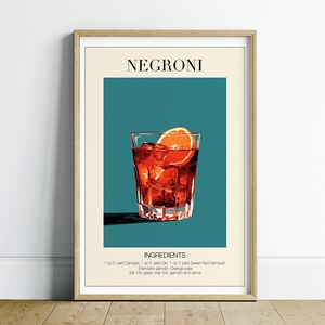 Impresiones de carritos de bar imprimibles, decoración de apartamentos de arte de pared boho, arte de carrito de bar, póster de cóctel Negroni, arte minimalista de la pared de la cocina