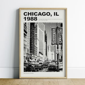 Wydrukowalna sztuka ścienna Chicago Dekoracja mieszkania, czarno-biała sztuka ścienna, sztuka na wózek barowy, sztuka ścienna retro, plakat podróżniczy Chicago do pobrania w wersji cyfrowej