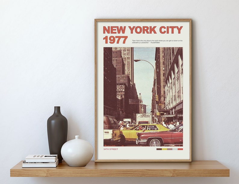 May include: A vintage poster featuring a photograph of a street scene in New York City in 1977. The poster has the text "NEW YORK CITY 1977" in red and white lettering. The image shows a street with cars and people walking. The text "54TH STREET" is at the bottom of the poster.