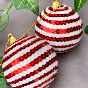 X 2 Christmas Tree Decoration Candy cane Sequin Baubles 6.5cm