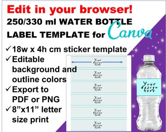 250ml, 330ml, 350ml Water Bottle Label Template. 250ml, 330ml, 350ml Editable Canva template for bottle. Water, Cola, gift party bottle.