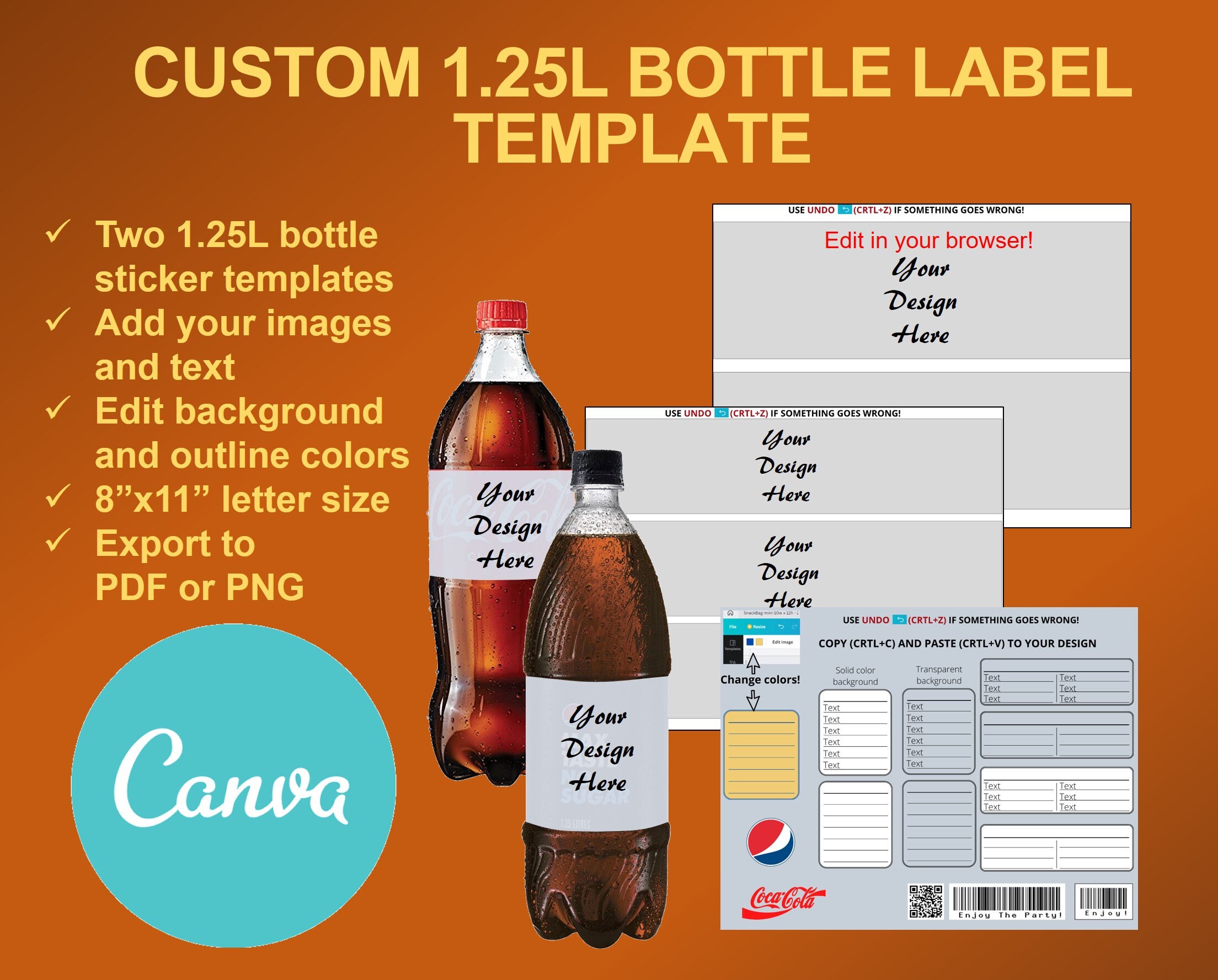 Cola 1.25L Bottle Label Template. Editable Canva Template for Bottle