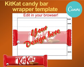 Chocolate Bar Wrapper Template. Candy bar wrapper. Editable Canva template for Kit candy bar wrapper. Chocolate. Party favors.