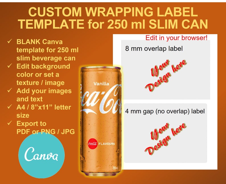 Soda Can Label Template. Editable Canva Template for Slim Can 250 Ml