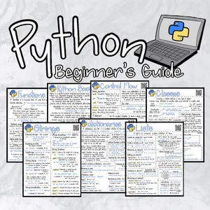 Puede incluir: Un póster de "Guía para principiantes de Python" con un gráfico de portátil y el título en fuente manuscrita negra. El póster incluye varias páginas más pequeñas que detallan conceptos de Python como Funciones, Cadenas y Listas.
