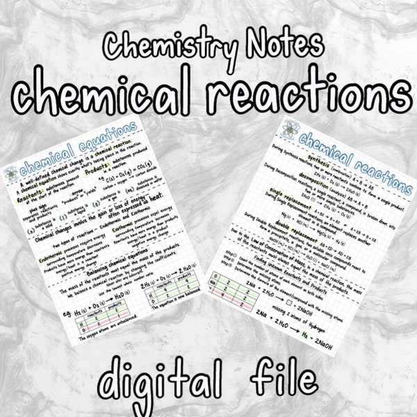 High school chemistry CHEMICAL REACTIONS + EQUATIONS study notes | 2 page outline | Digital File only |