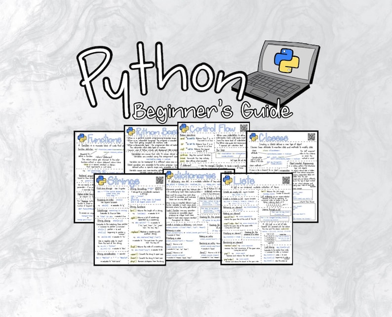 Pode incluir: Um p&ocirc;ster "Guia para Iniciantes em Python" com um gr&aacute;fico de laptop e o t&iacute;tulo em fonte manuscrita preta. O p&ocirc;ster inclui v&aacute;rias p&aacute;ginas menores detalhando conceitos do Python, como Fun&ccedil;&otilde;es, Strings e Listas.