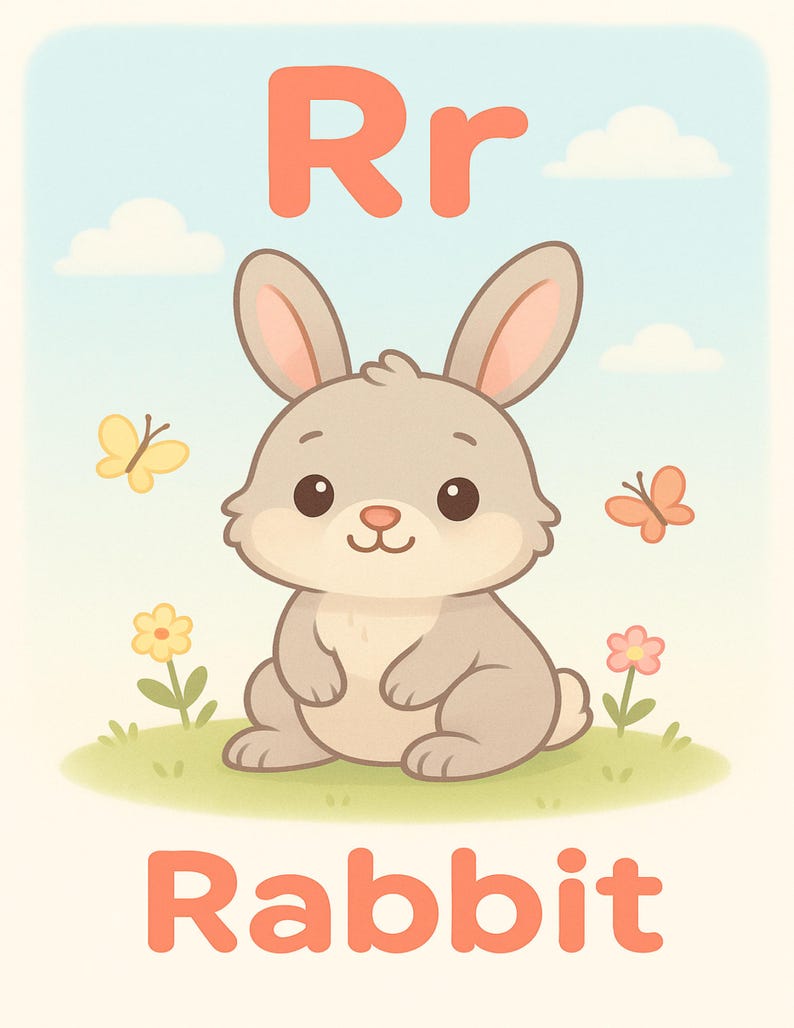 Letter Rabbit Flashcard Alphabet Toddler Flash Cards: Animal Themed ABC Cards (digital Download ...