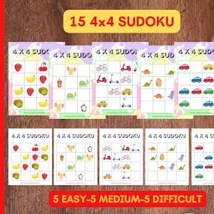 Easy 4X4 Sudoku puzzle game for kids - 20 pages printable worksheet