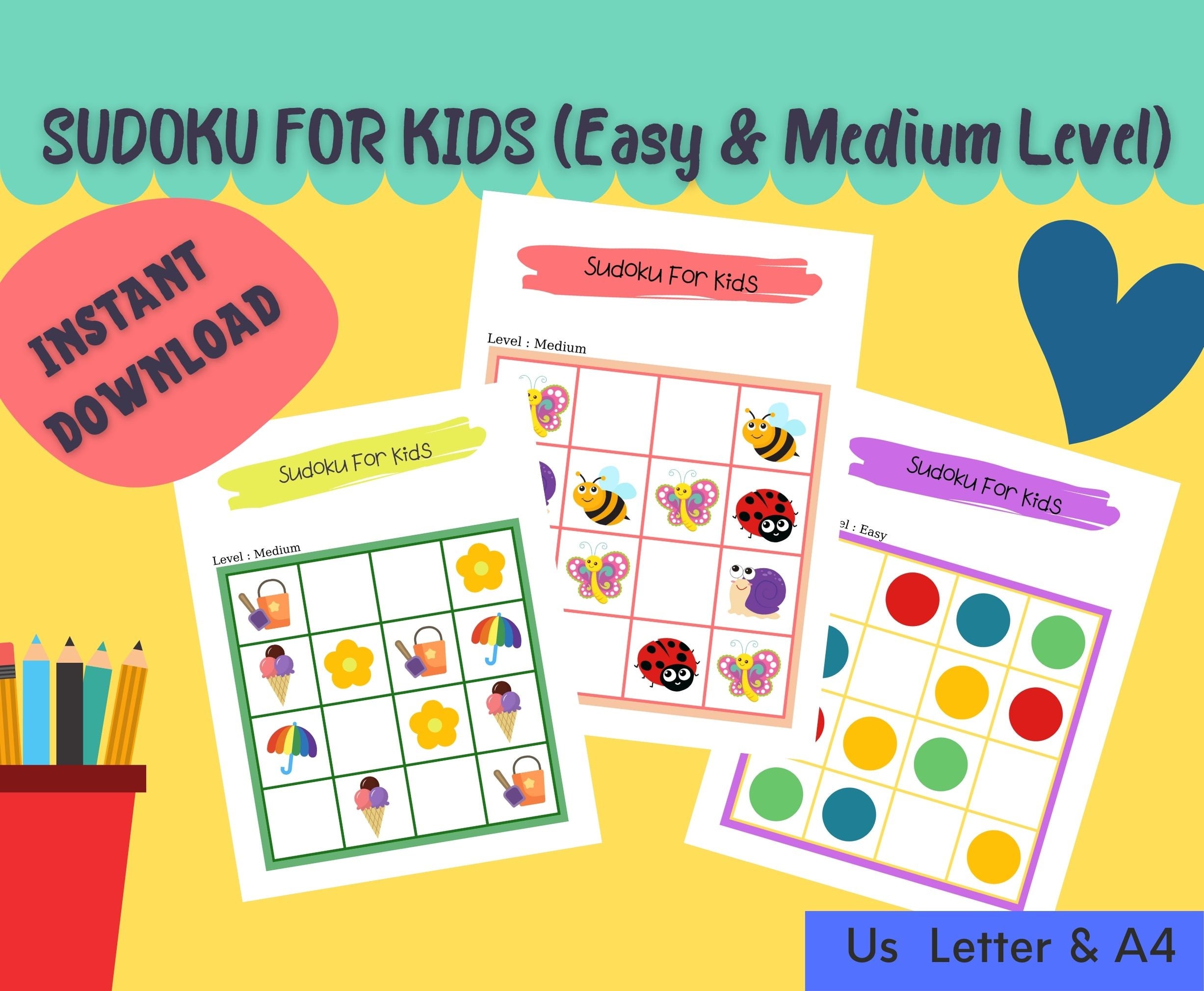 Easy 4X4 Sudoku puzzle game for kids - 20 pages printable worksheet