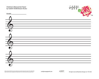 Children's Manuscript Paper #1 treble short- PDF - designed by CANDY ROSE Music Studio