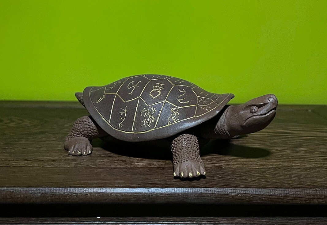 Yixing Clay Tea Culture Fully Handmade Tian Gan Di Zhi Turtle Sculpture.