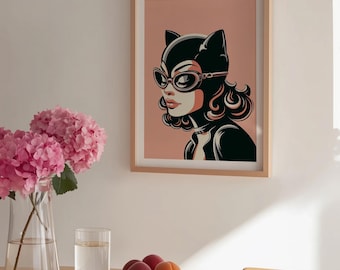 Catwoman Digital Print – Retro Pop Art Poster, Comic Book Wall Art, Vintage Superhero Illustration, Instant Download
