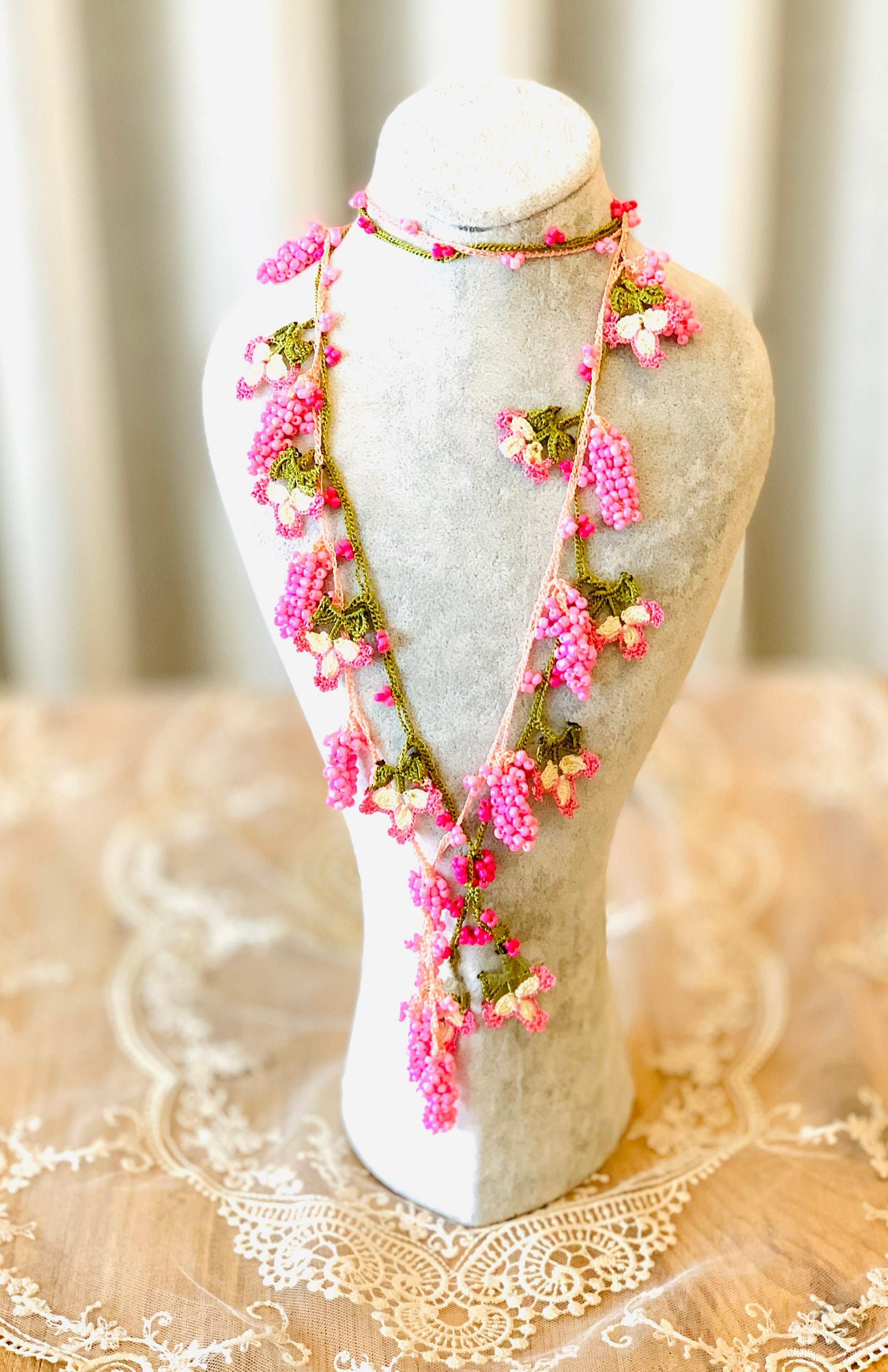 Colorful Crochet Flower Necklace, Turkish Oya, Floral Wrap