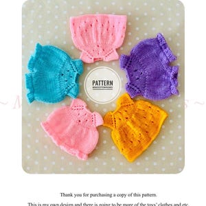 May include: A collection of colorful, knitted baby rompers in shades of pink, blue, purple, and yellow. The rompers are arranged in a circular pattern on a dotted background. The text "LITTLE ROMPER" and "PATTERN" are visible.