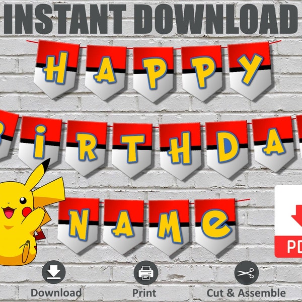 INSTANT DOWNLOAD Pokemon Inspired Birthday Banner Bunting A-Z Name Happy Birthday Party Decoration Poke mon Kids Digital File Blue