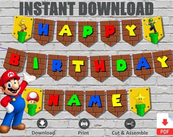 INSTANT DOWNLOAD Super Mario Inspired Birthday Banner Bunting A-Z Name Child Birthday Party Decoration Happy Birthday