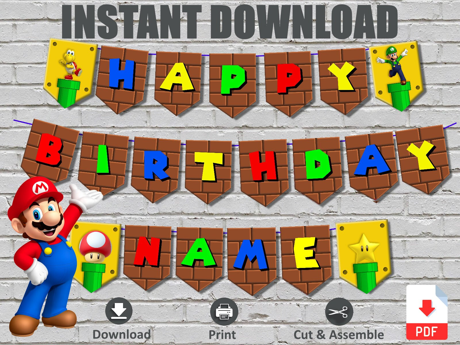 INSTANT DOWNLOAD Super Mario Inspired Birthday Banner Bunting - Etsy UK
