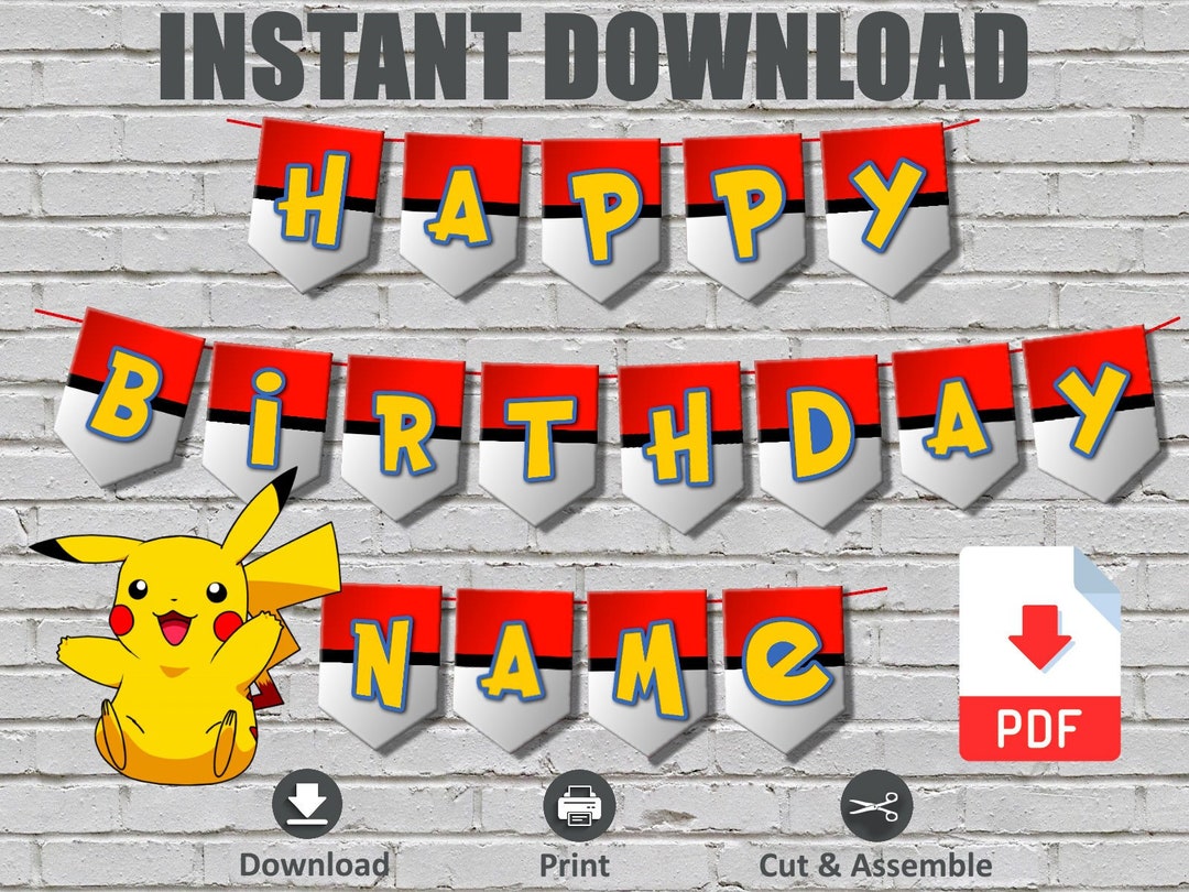 INSTANT DOWNLOAD Pokemon Inspired Birthday Banner Bunting A-Z Name