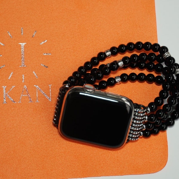 Black Pearl Apple Watch Band, Handmade iWatch Strap, 38mm 40mm, 42mm, 44mm, 45mm Fashionable Women Wristband, Beaded Bracelet iWatch Band