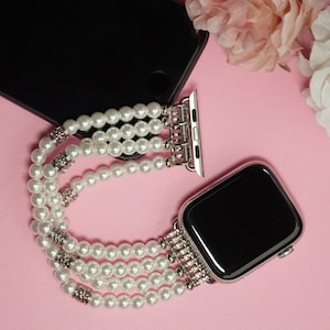 White Pearl Apple Watch Band, Handmade iWatch Strap, 38mm 40mm, 42mm, 44mm, 45mm Fashionable Women Wristband, Beaded Bracelet iWatch Band,