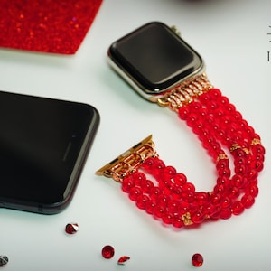 Red Pearl Apple Watch Band, Handmade iWatch Strap, 38mm 40mm,41mm, 42mm, 44mm, 45mm Fashionable Women Wristband, Beaded Bracelet iWatch Band