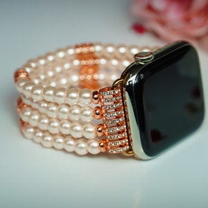 Pink Pearl Apple Watch Band, Handmade iWatch Strap, 38mm 40mm, 42mm, 44mm, 45mm Fashionable Women Wristband, Beaded Bracelet iWatch Band