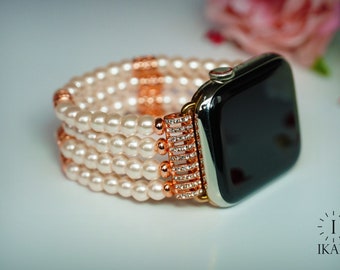 Pink Pearl Apple Watch Band, Handmade iWatch Strap, 38mm 40mm, 42mm, 44mm, 45mm Fashionable Women Wristband, Beaded Bracelet iWatch Band