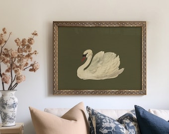 Framed Vintage Print, Vintage Swan Art Print Framed, Green Tones, Antique Animal Prints, Nursery Wall Art Print, Living Room Wall Decor #127